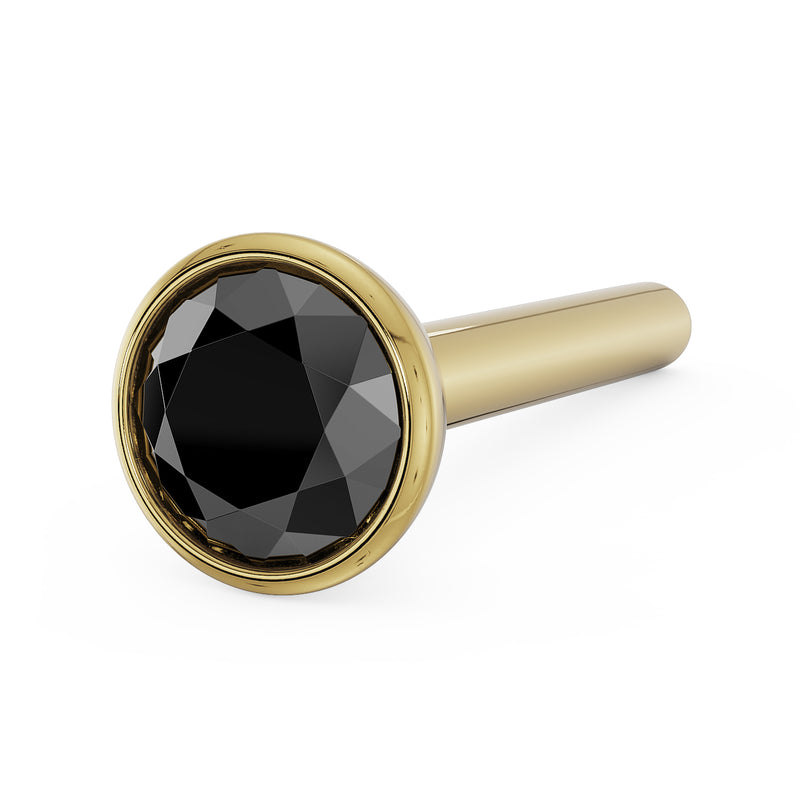 14k yellow gold black diamond bezel nose stud, straight post style, angled side view