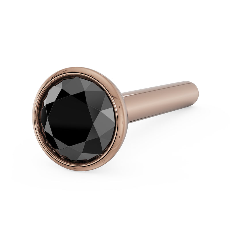 14k rose gold black diamond bezel nose stud, straight post style, angled side view