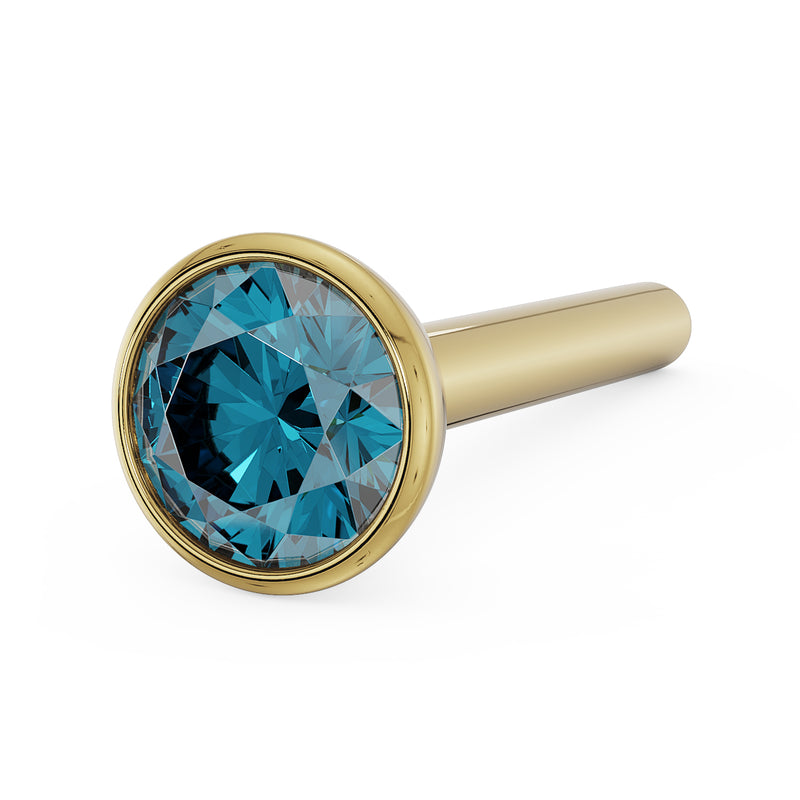 14k yellow gold 2.5mm blue diamond bezel nose stud angled view showing straight post
