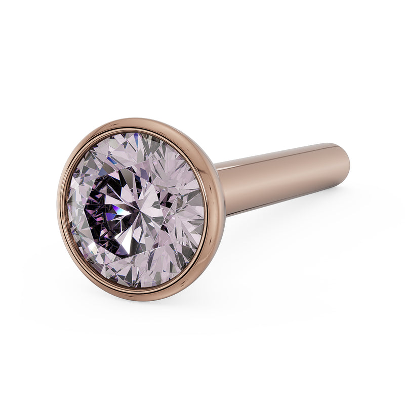 14k rose gold pink diamond bezel nose stud with straight post, elevated angled view of setting