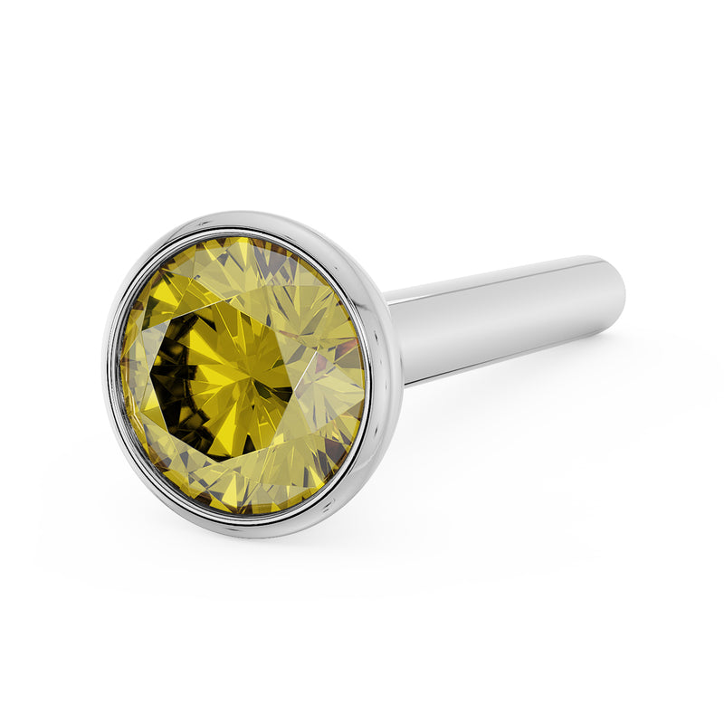 14k white gold yellow diamond bezel nose stud with straight post, front-angled close-up