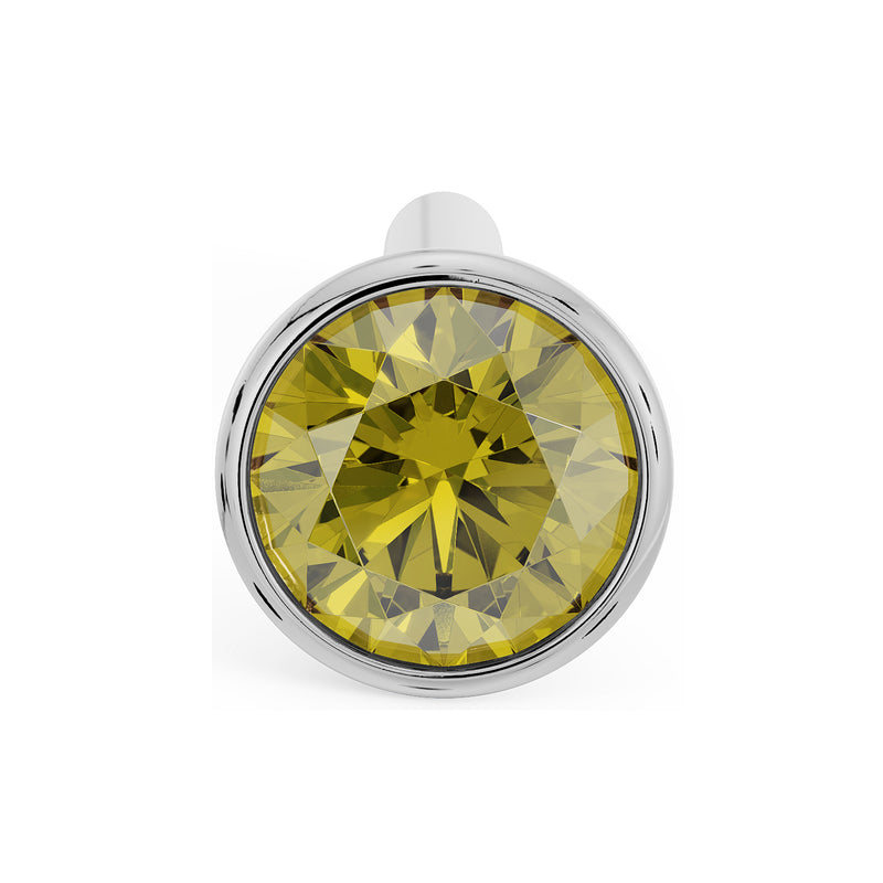 Overhead close-up of 2.5mm yellow diamond bezel nose stud in white gold, straight post visible