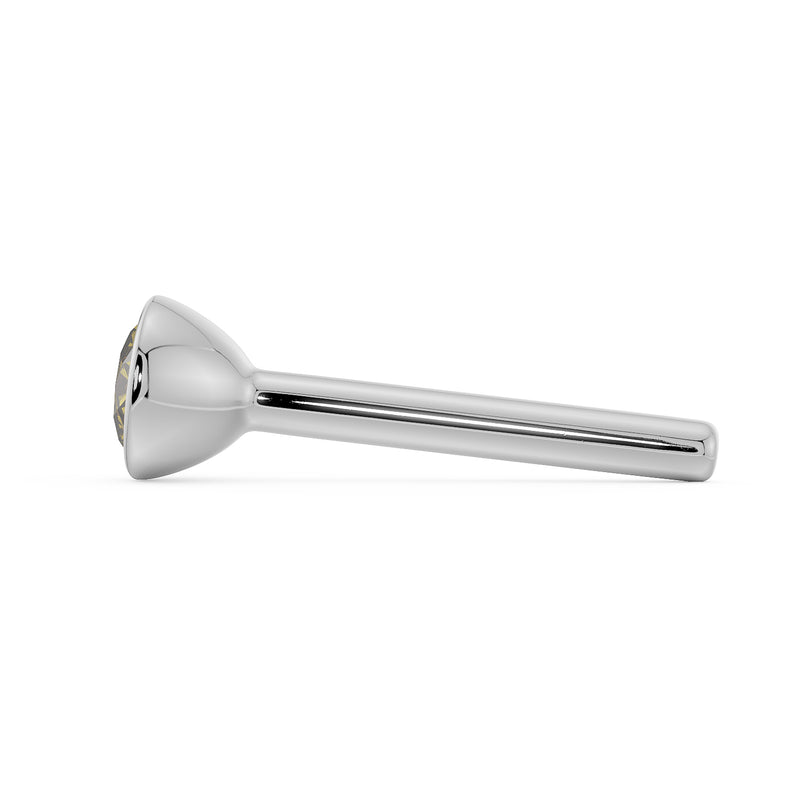 Side profile of white gold yellow diamond bezel nose stud showing straight post and tapered setting