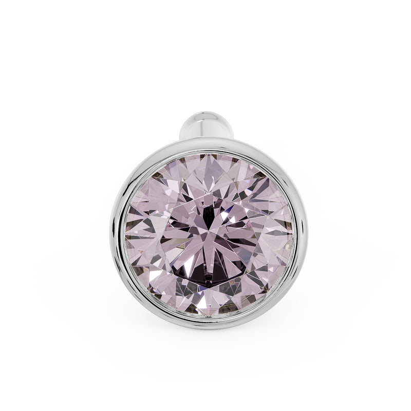 Front view of white gold pink diamond bezel nose stud with bone post, straight-on diamond detail
