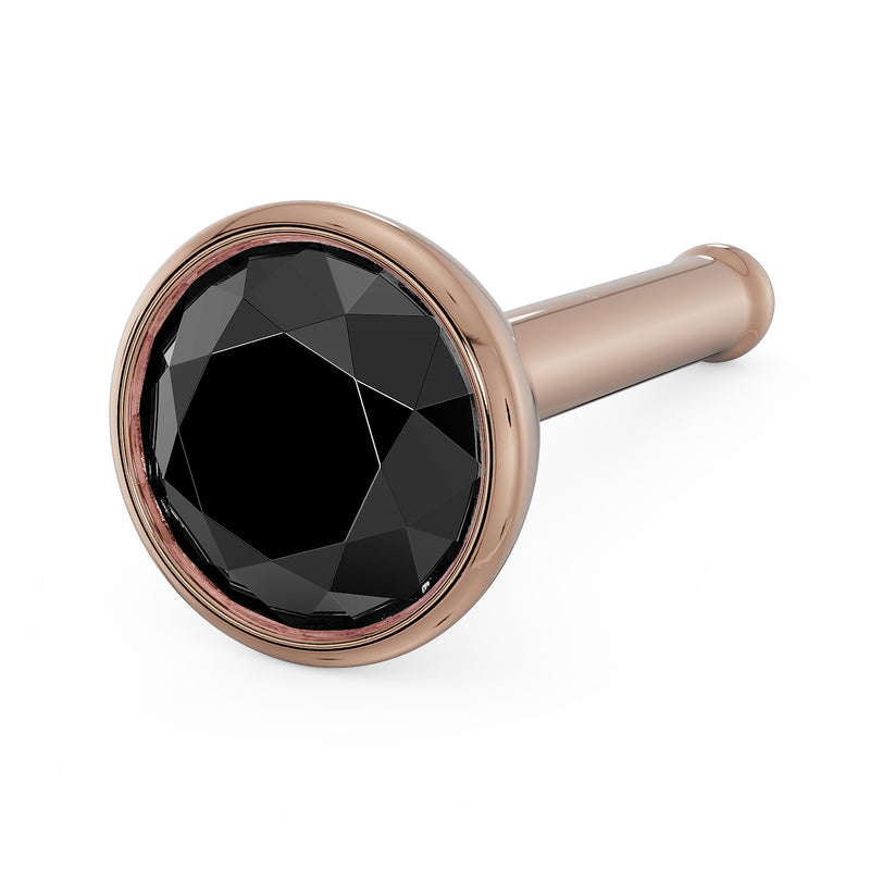 14k rose gold black diamond bezel nose bone stud, angled view showing straight bone post