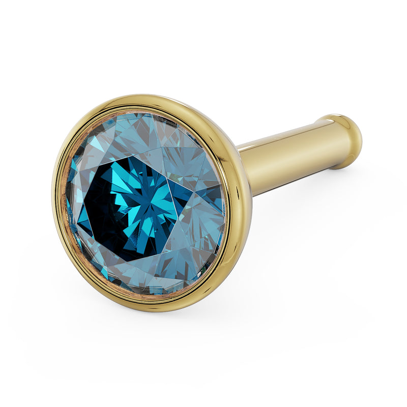14k yellow gold 3mm blue diamond bezel nose stud with straight post, angled close-up view