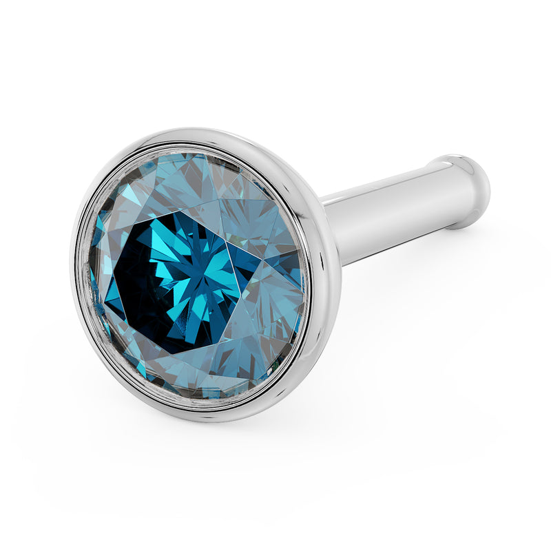 14k white gold 3mm blue diamond bezel nose stud with straight post, angled close-up view