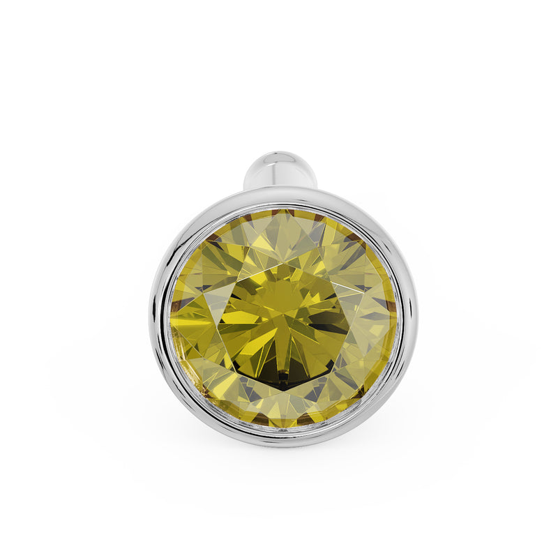 Front view of white gold yellow diamond bezel nose stud with bone post tip visible above