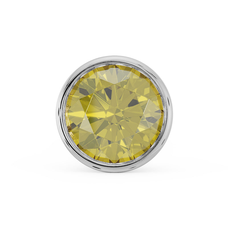 Close-up front view of 3mm yellow diamond in white gold round bezel setting