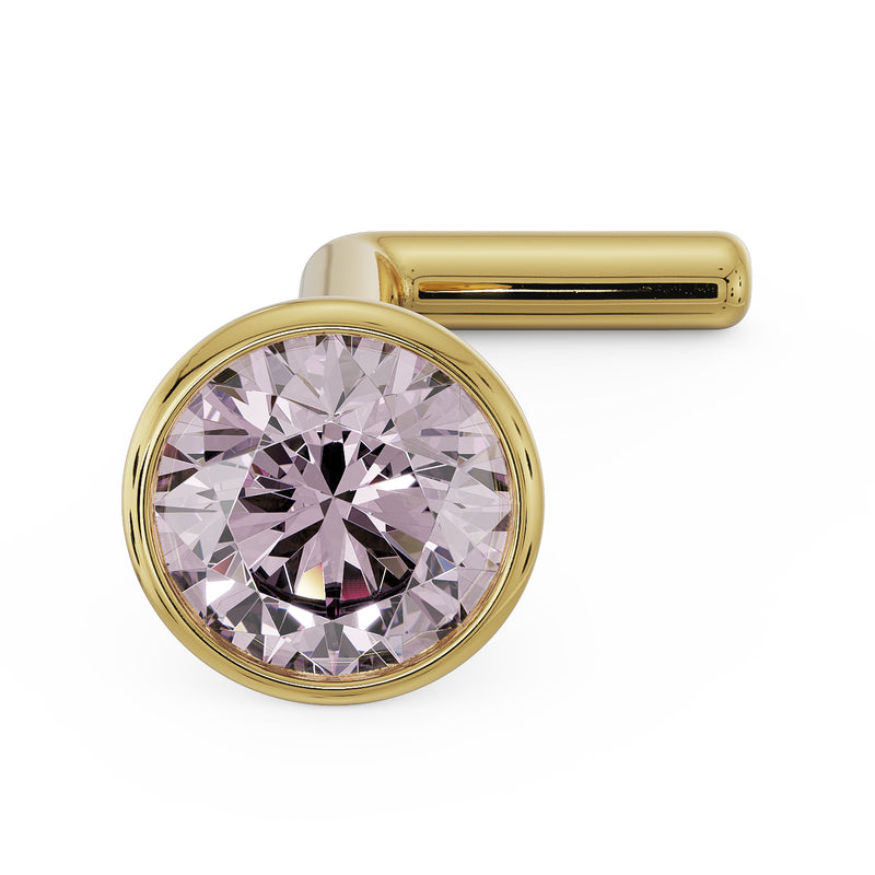 14k yellow gold 3mm pink diamond bezel nose stud with L-post, angled overhead view
