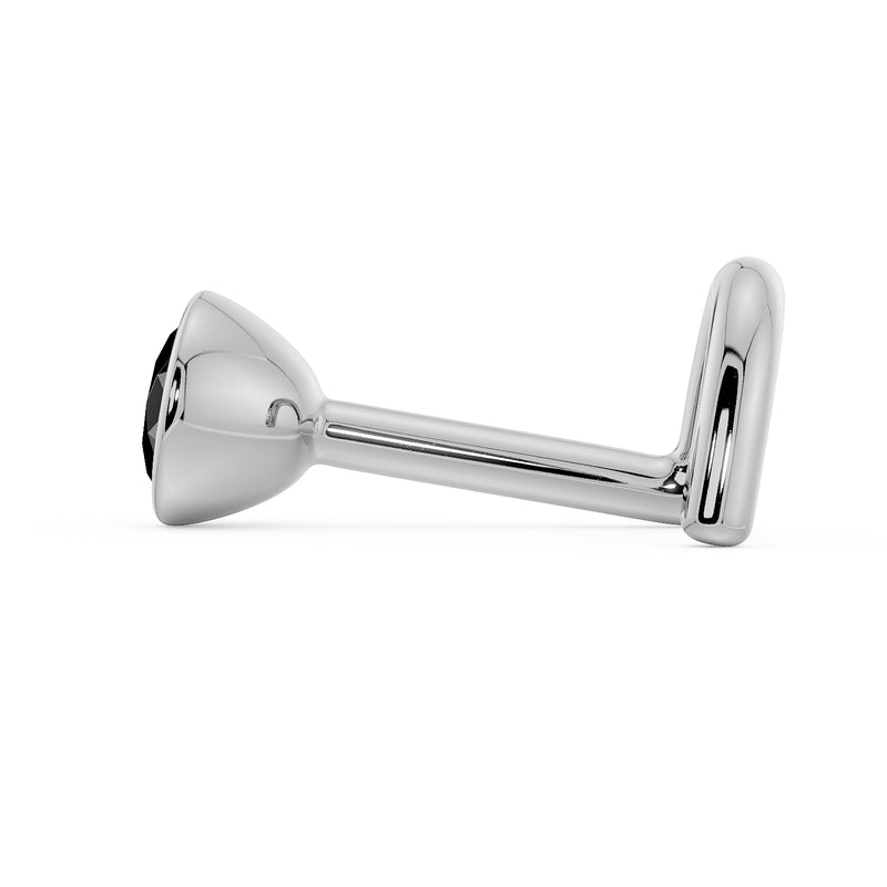 Side profile of 14k white gold black diamond L post nose stud showing post shape and backing