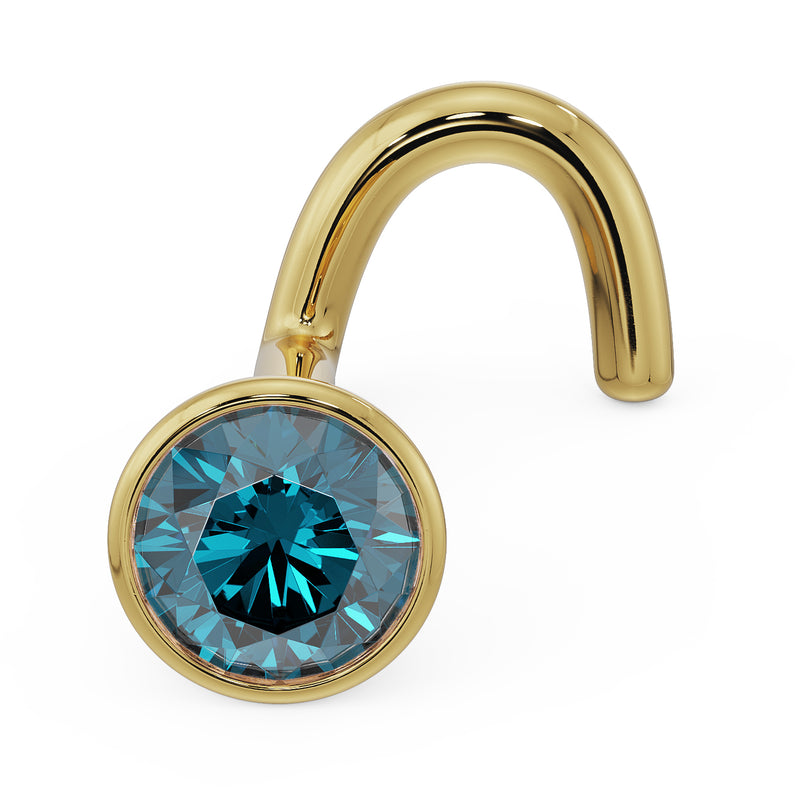 14k yellow gold 3mm blue diamond bezel nose ring with twist post, angled product view