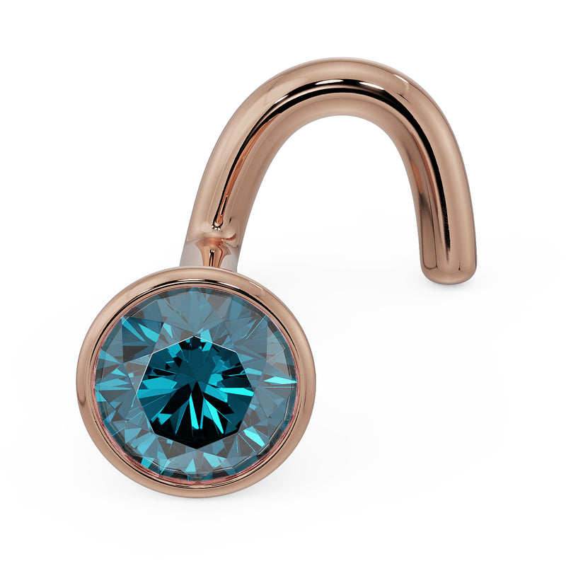 14k rose gold 3mm blue diamond bezel nose ring stud with twist post, angled side view