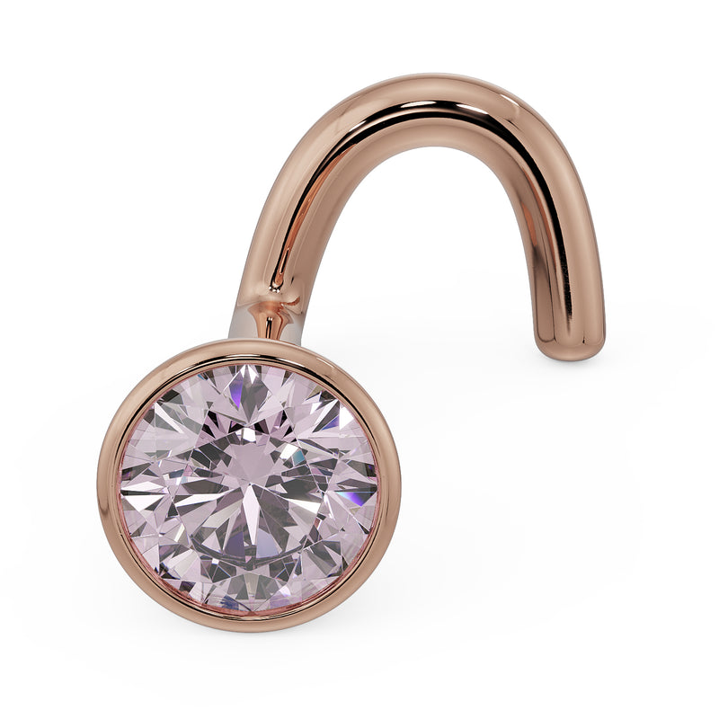 14k rose gold pink diamond bezel nose ring with twist screw post, angled front view