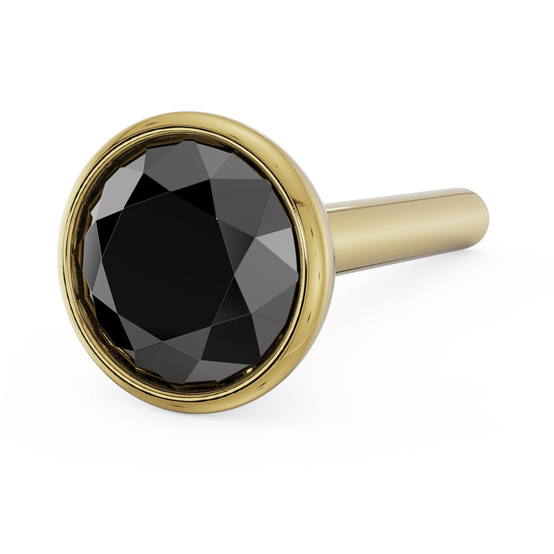 14k yellow gold 3mm black diamond bezel nose stud, straight post style, top-down angled view