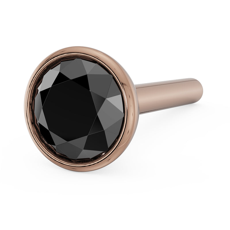 14k rose gold 3mm black diamond bezel nose stud, straight post style, top-down angled view