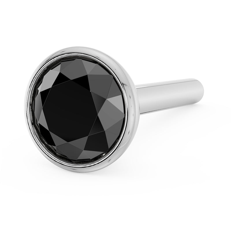 14k white gold black diamond bezel nose stud, straight post, close front-angled view of setting