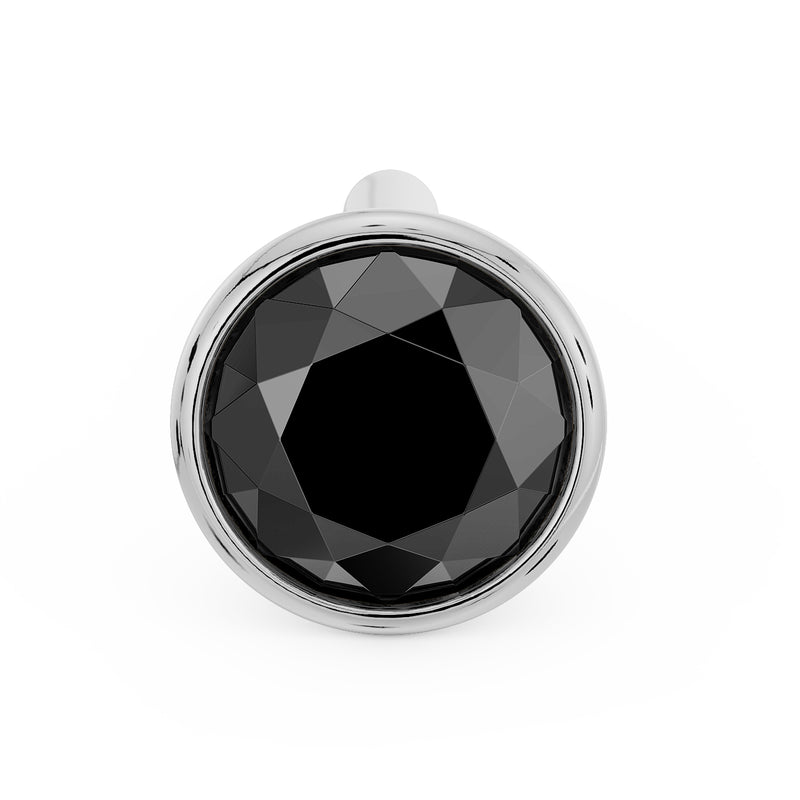 14k white gold 3mm black diamond bezel nose stud, front-on view with post nub visible at top
