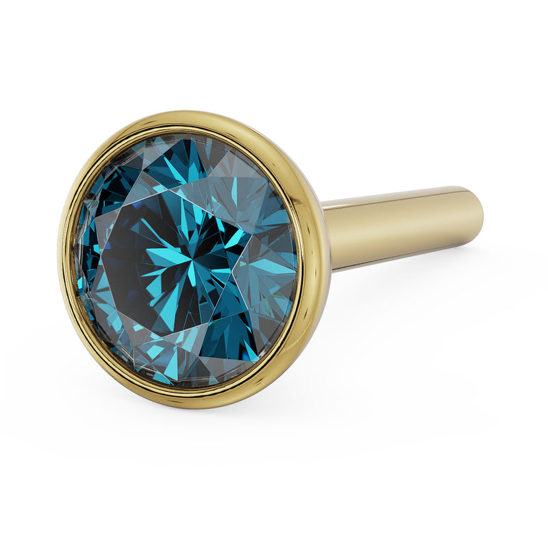 14k yellow gold 3mm blue diamond bezel nose stud with straight post, face-up angled view