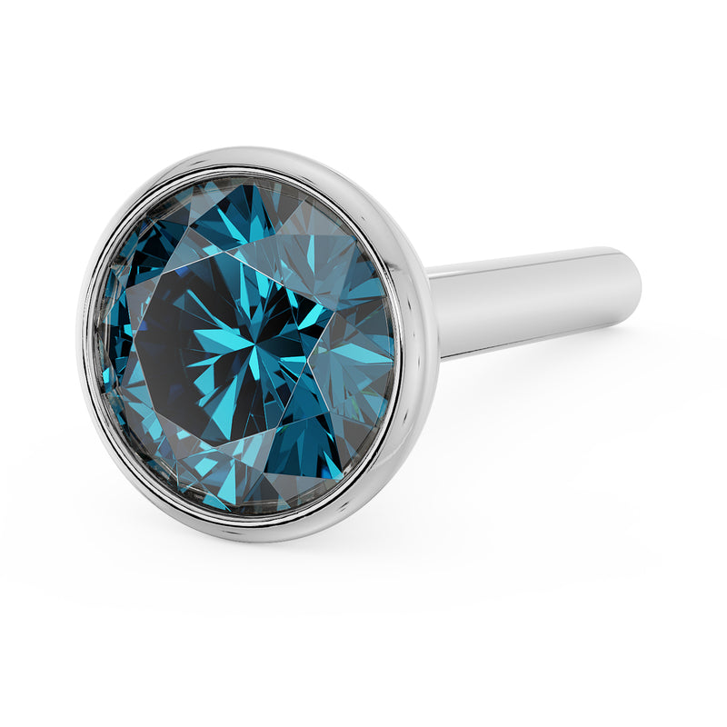 White gold 3mm blue diamond bezel nose stud with straight post, slightly elevated angled view