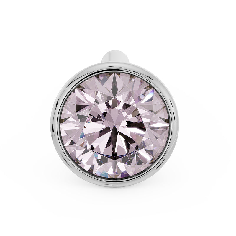 Top-down front view of white gold pink diamond bezel nose stud highlighting bezel rim detail