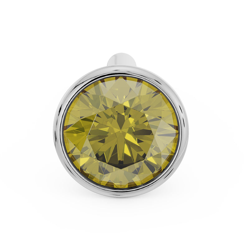 Front face-on view of white gold bezel nose stud with 3mm yellow diamond and bone post