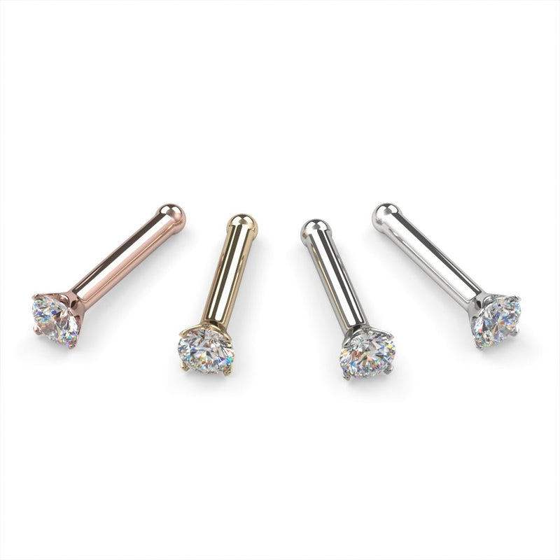 2mm diamond bone nose rings in rose gold, yellow gold, and white gold side-by-side comparison