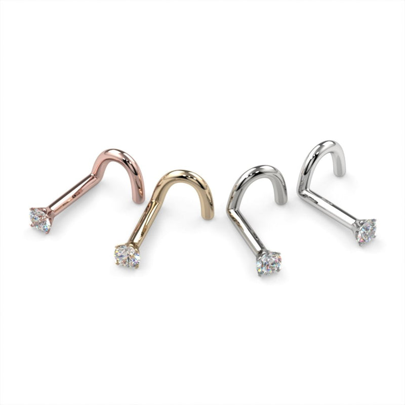 2mm diamond twist nose rings in rose gold, yellow gold, and white gold shown together for color comparison