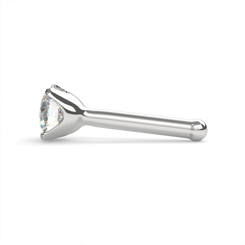 Side profile of 14k white gold 3mm diamond bone nose stud showing ball end and low-profile prong setting