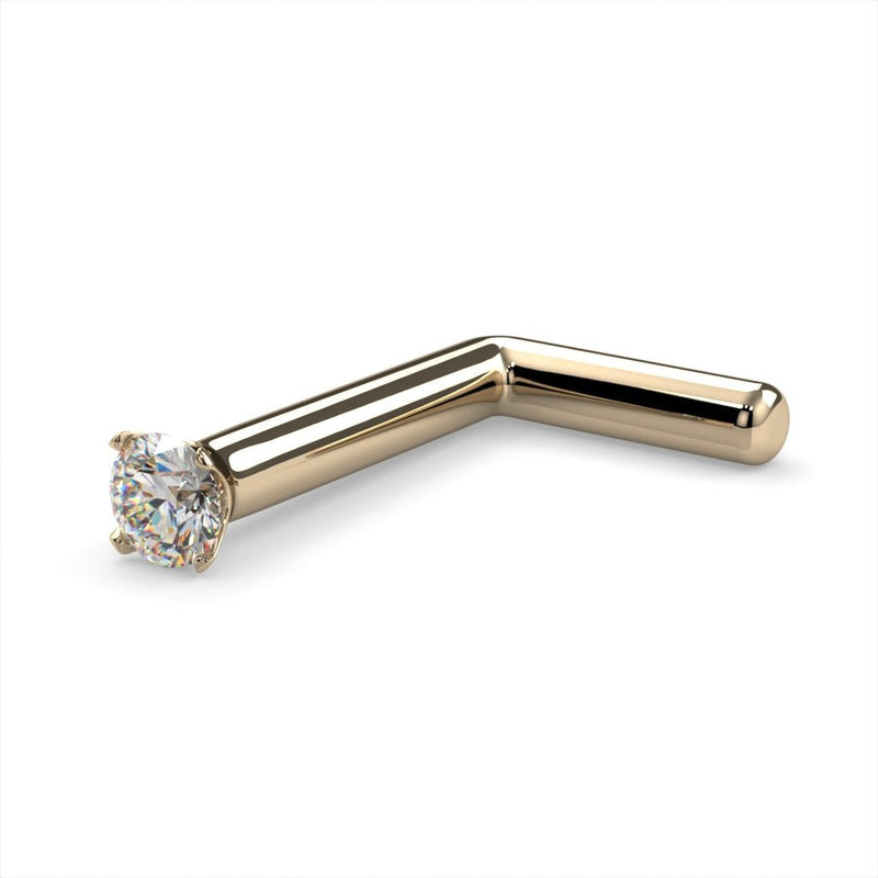 14k yellow gold 1.5mm diamond L post nose stud, 18G, angled view showing L-bend in yellow gold