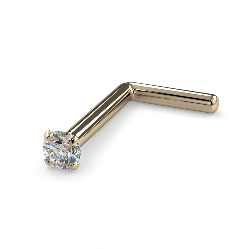 14k yellow gold 1.5mm diamond L post nose stud, 20G, side view with L-shaped yellow gold post