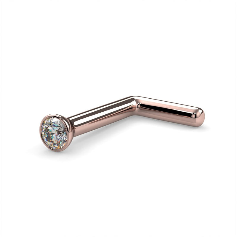 14k rose gold 1.5mm diamond bezel nose ring L post style, angled view showing bent post