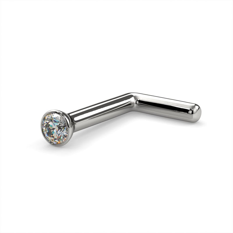 Platinum 1.5mm diamond bezel nose ring L post style, angled view showing bent post