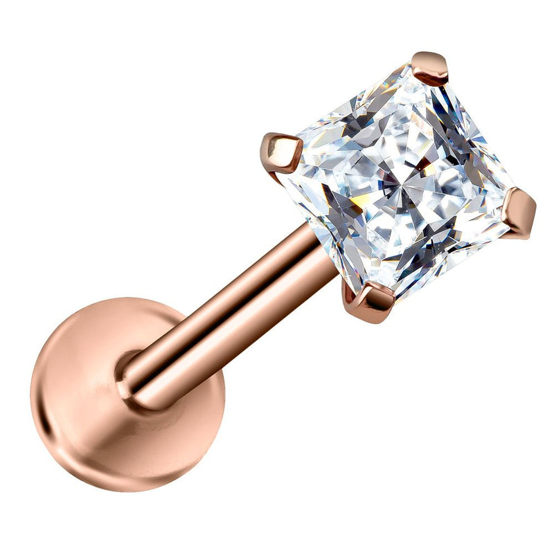 14K rose gold labret stud with 3mm square CZ four-prong setting, angled product view