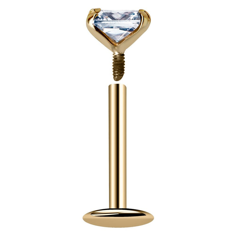 14K yellow gold square CZ labret disassembled showing threaded end and flat back post