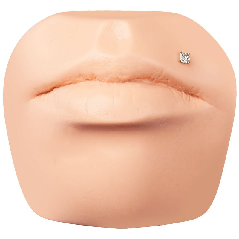 Square CZ 14K gold labret shown in Monroe piercing placement on silicone face model