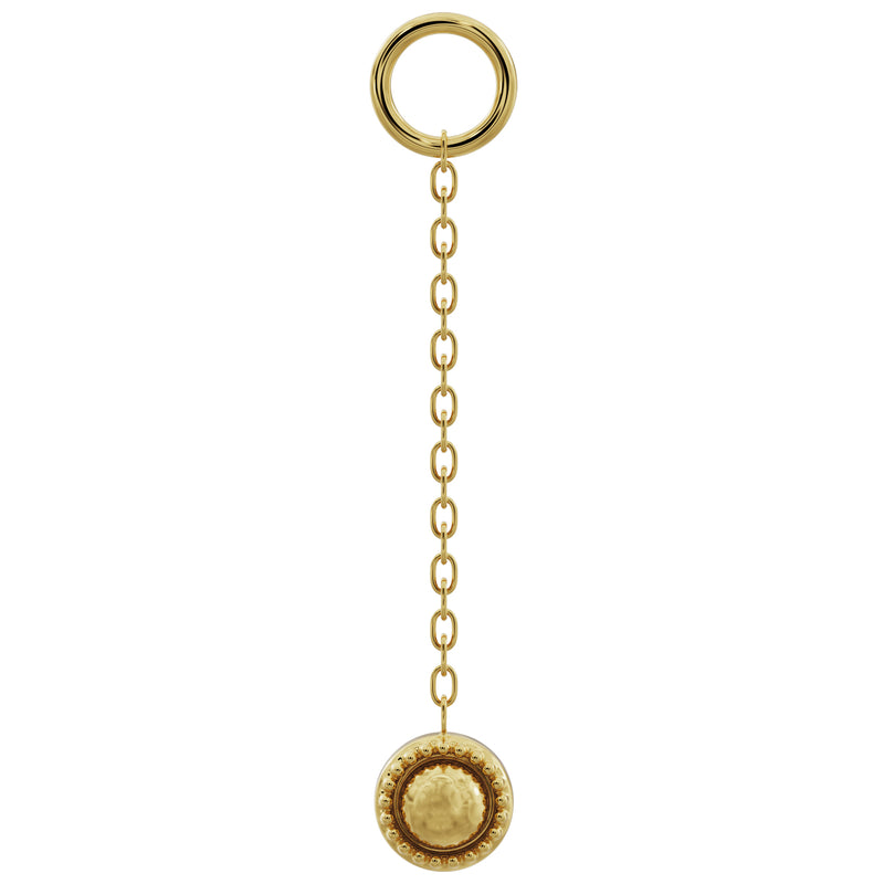 14K yellow gold long milgrain chain earring accessory with round beaded charm, full length view
