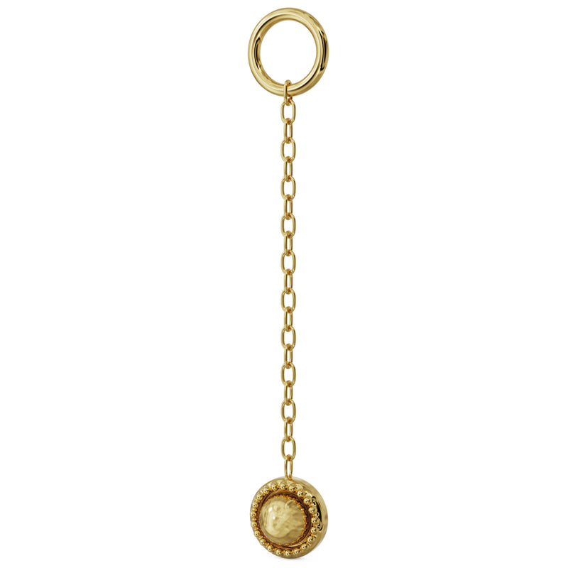 14K yellow gold short milgrain chain accessory showing compact chain length and beaded disc charm