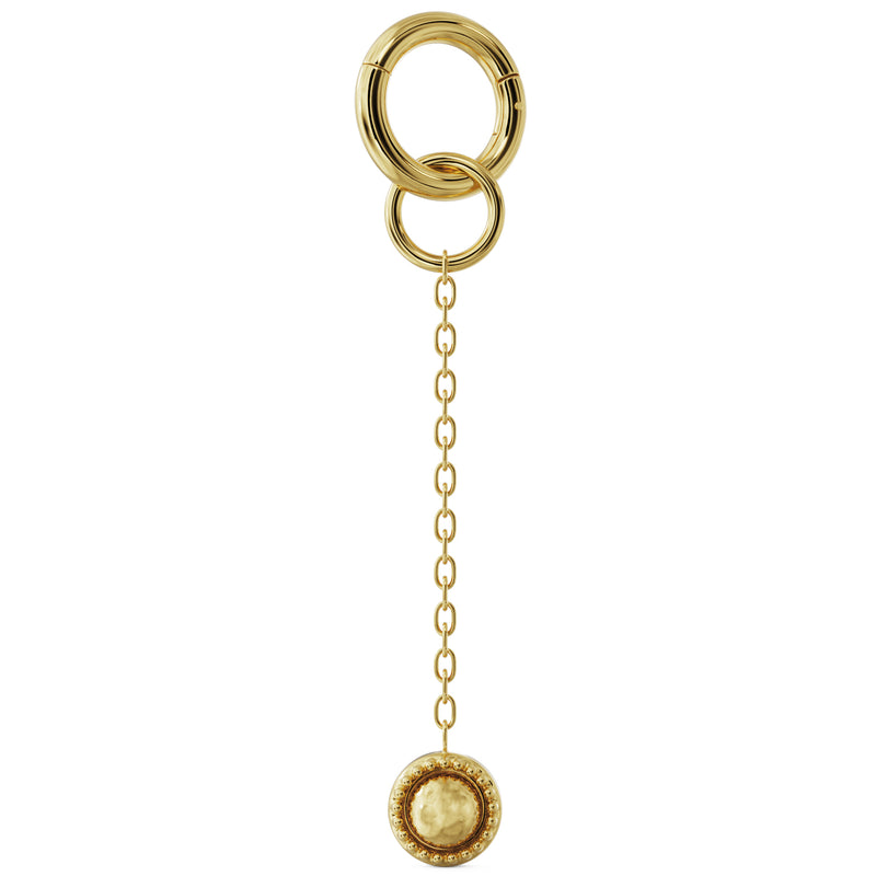14K yellow gold milgrain chain accessory clipped onto a hoop, showing how it attaches to earrings