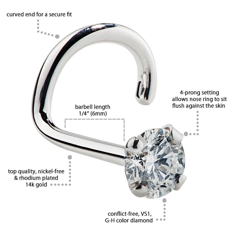 14k white gold diamond twist nose ring with labeled specs: 6mm barbell, 4-prong setting, VS1 diamond
