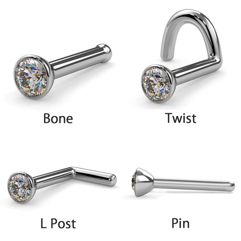 Side-by-side comparison of all four nose stud backing styles: bone, twist, L-post, and pin