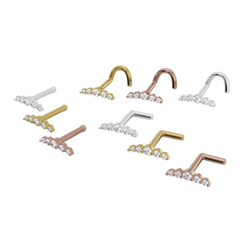 All metal colors and post styles of 14K gold CZ climber nose ring shown together for comparison