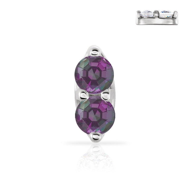 Double amethyst 14K white gold nose ring showing faceted purple stones with light-reflecting cut detail