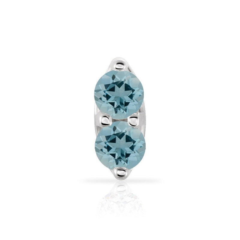 14K white gold nose ring with two round aquamarine gemstones in a vertical double-prong setting