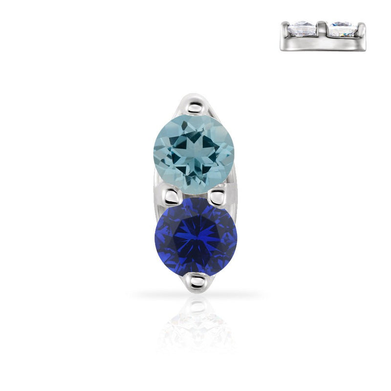 14K gold dual gemstone nose ring with aquamarine and blue sapphire stones, front view