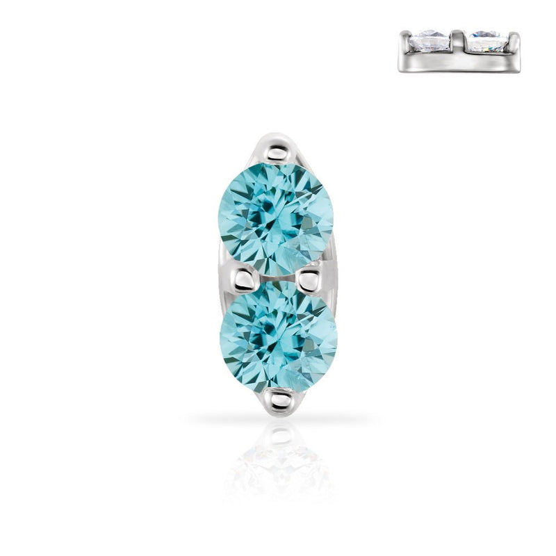 14K white gold double blue zircon nose ring with two bright teal genuine gemstones, front view