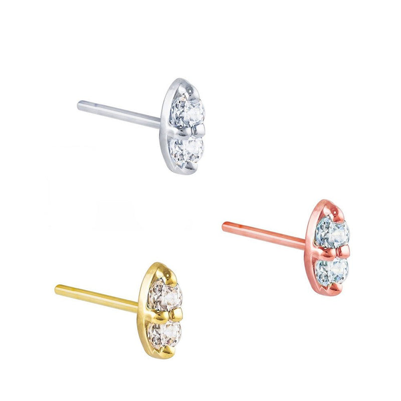 Double diamond nose stud straight post in all three 14K gold colors: white, rose, and yellow gold