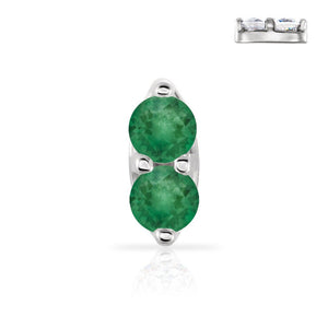 14K white gold double emerald nose ring with two vivid green round genuine emeralds in prong setting