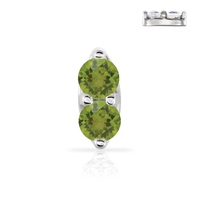 14K white gold double peridot nose ring with two bright green genuine gemstones in prong setting