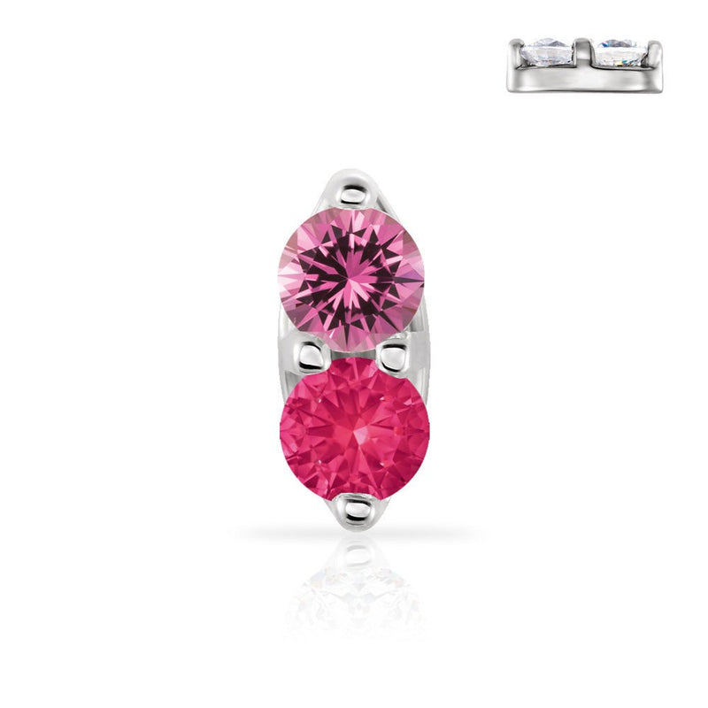 14K gold dual gemstone nose ring with pink sapphire and ruby in prong setting, front view